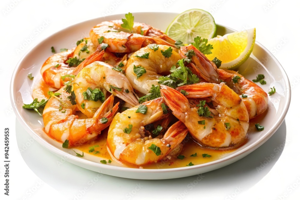 A plate of succulent prawns cooked in garlic butter, garnished with fresh parsley and lemon wedges, symbolizing a delicious seafood dish, a summery meal, a healthy option, a gourmet treat, and a Medit