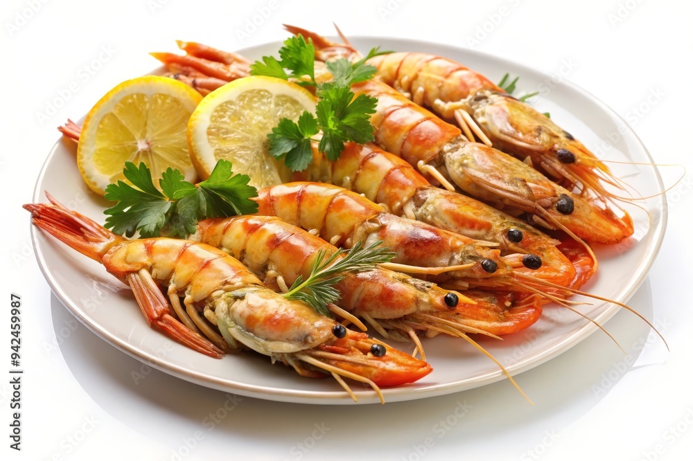 A plate of grilled scampi with lemon wedges and parsley. The scampi are cooked to perfection, with a golden brown color and a slight char. The lemon wedges add a tangy flavor, while the parsley provid A plate of grilled scampi with lemon wedges and parsley. The scampi are cooked to perfection, with a golden brown color and a slight char. The lemon wedges add a tangy flavor, while the parsley provid