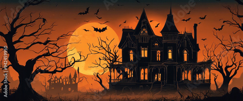 Spooky Halloween Village with Eerie Orange Sky and Gothic Mansion photo