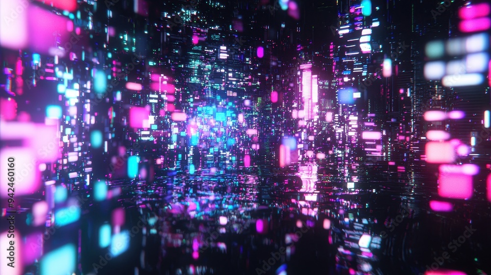 Obraz premium Abstract Neon Cityscape with Blurry Lights and Reflections
