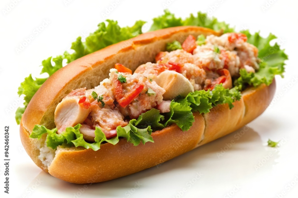 A close-up shot of a fresh lobster roll sandwich on a white background. The roll is filled with succulent lobster meat, creamy dressing, and crisp lettuce. The sandwich is perfect for a summer picnic A close-up shot of a fresh lobster roll sandwich on a white background. The roll is filled with succulent lobster meat, creamy dressing, and crisp lettuce. The sandwich is perfect for a summer picnic