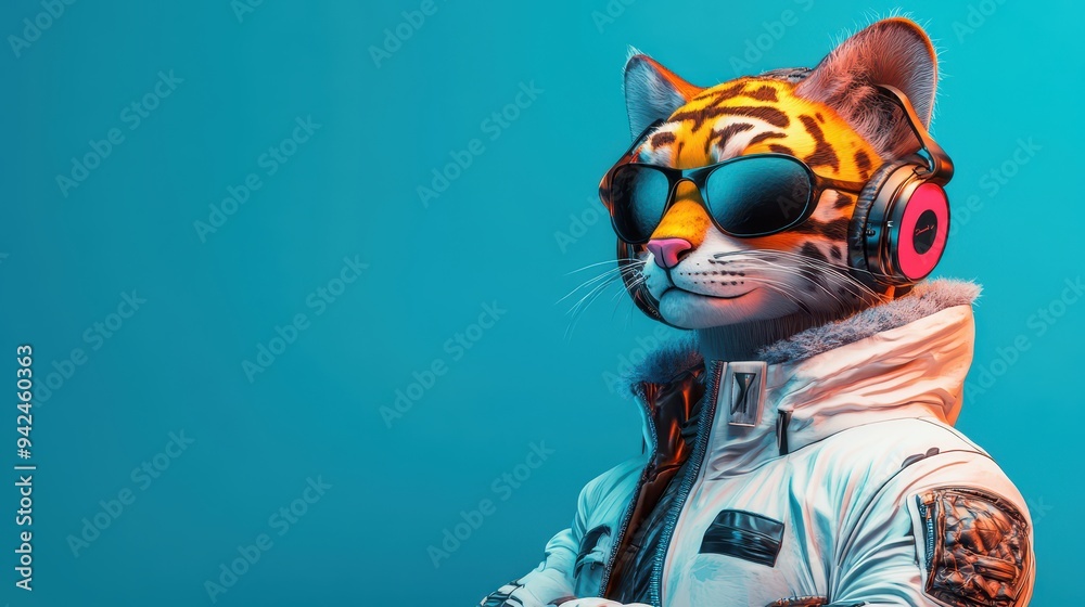 Cool Tiger in Sunglasses and Headphones on Blue Background Cool Tiger in Sunglasses and Headphones on Blue Background
