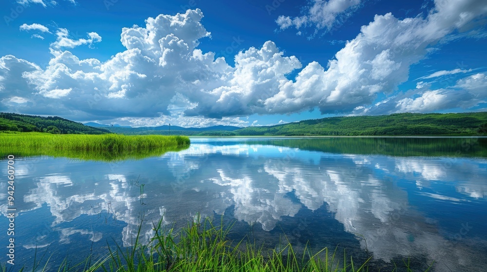 Reflection of clouds over a lake with vibrant greenery and intriguing horizon Reflection of clouds over a lake with vibrant greenery and intriguing horizon