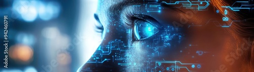 Wearable tech embedded in human skin, scifi, glowing blue tones, digital painting, intricate circuitry, futuristic medical facility with soft lighting