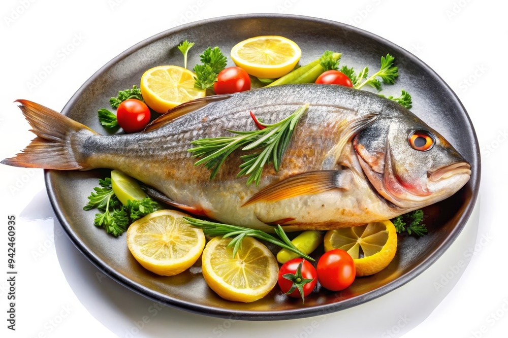 A whole pan-fried sea bream, seasoned with rosemary and lemon, is presented on a black plate. The fish is cooked to perfection, with a golden-brown crust and flaky white flesh. The lemon and rosemary A whole pan-fried sea bream, seasoned with rosemary and lemon, is presented on a black plate. The fish is cooked to perfection, with a golden-brown crust and flaky white flesh. The lemon and rosemary