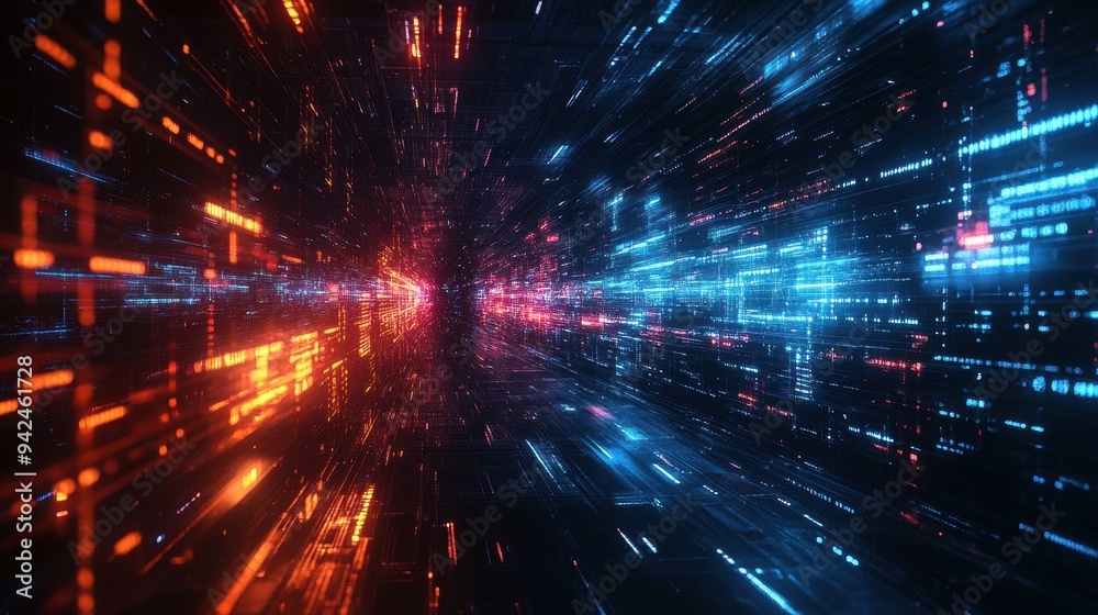 Abstract Digital Data Tunnel with Orange and Blue Lights Abstract Digital Data Tunnel with Orange and Blue Lights