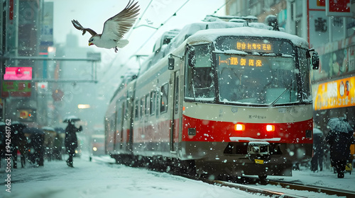 A train covered in snow wit...