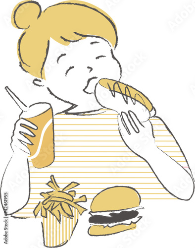 ファーストフードを食べる女性