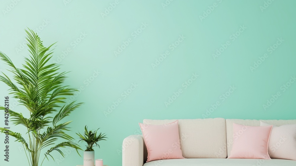 Minimalist Living Room Interior Design with White Sofa  Pink Pillows and Green Plants