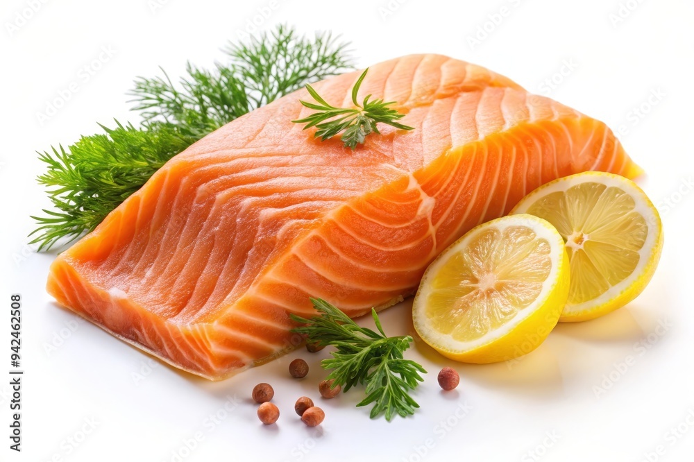 A close-up of a fresh smoked salmon fillet, sliced and arranged on a white background with lemon wedges and dill sprigs. It symbolizes health, deliciousness, and natural ingredients. A close-up of a fresh smoked salmon fillet, sliced and arranged on a white background with lemon wedges and dill sprigs. It symbolizes health, deliciousness, and natural ingredients.