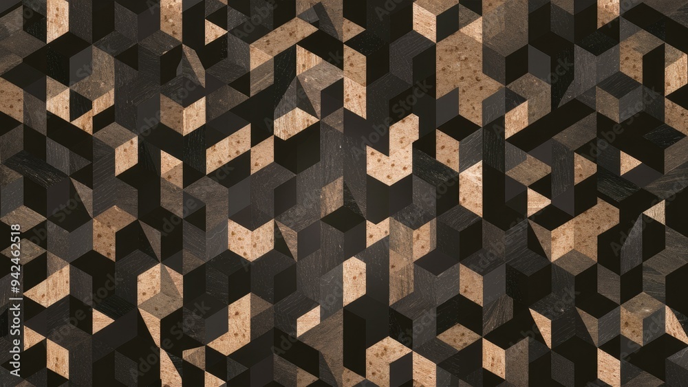 Abstract geometric cubes and hexagon mosaic wallpaper with a vintage design featuring black and gray block structures and triangular textures. Abstract geometric cubes and hexagon mosaic wallpaper with a vintage design featuring black and gray block structures and triangular textures.