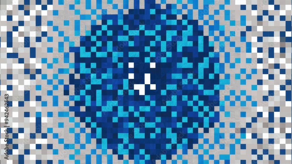 Fototapeta premium Abstract geometric pattern featuring a blue mosaic of small squares, with a light gray pixel design background.
