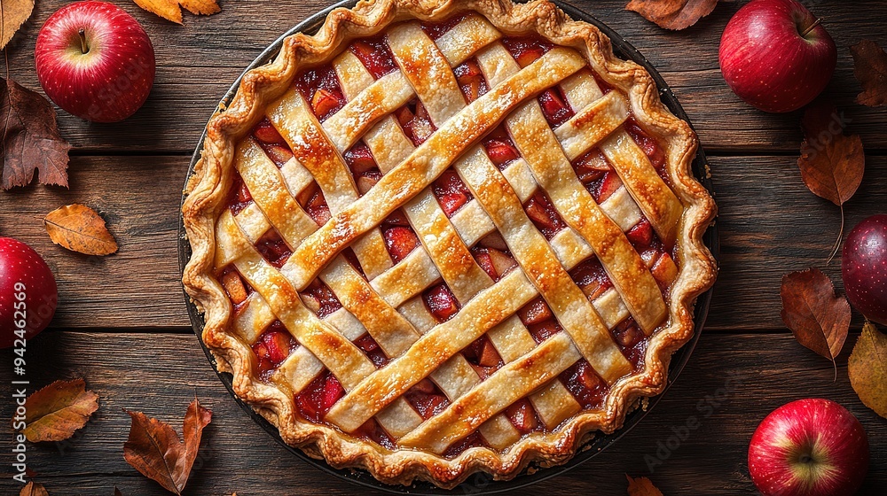 Apple pie decorated with lattice overhead shot, fall baking concept Apple pie decorated with lattice overhead shot, fall baking concept