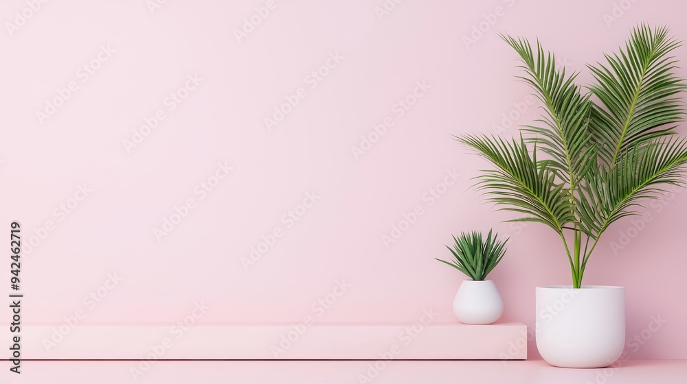 Minimalist Pink Background with Palm Plant and Shelf for Product Display Minimalist Pink Background with Palm Plant and Shelf for Product Display