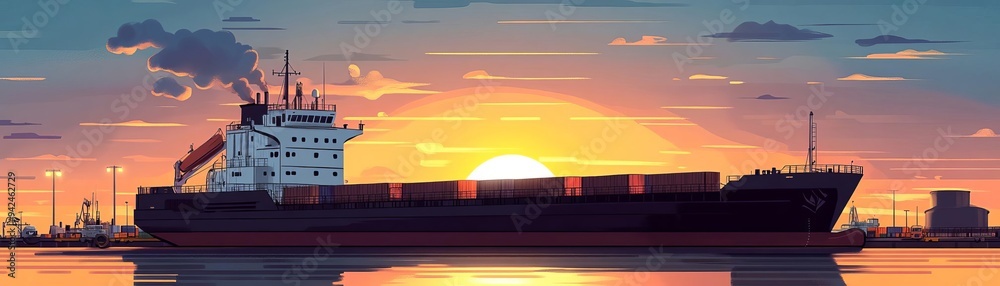 Obraz premium Freight ship, bustling port activity, warm sunset hues, flat design illustration