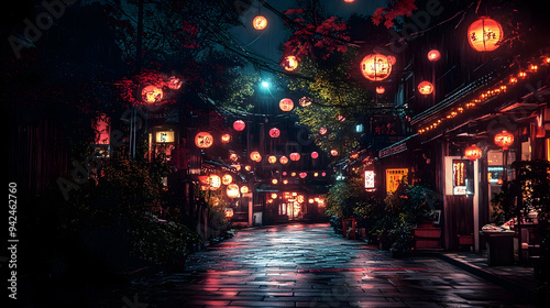 A wet cobblestone street in...