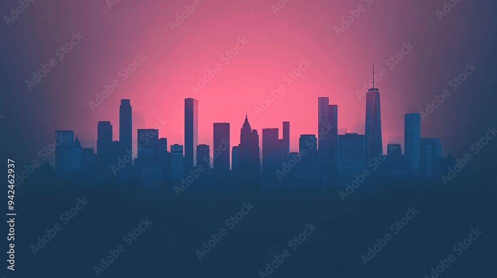 Silhouette of a modern city skyline at dusk with a vibrant pink and blue gradient sky. Silhouette of a modern city skyline at dusk with a vibrant pink and blue gradient sky.