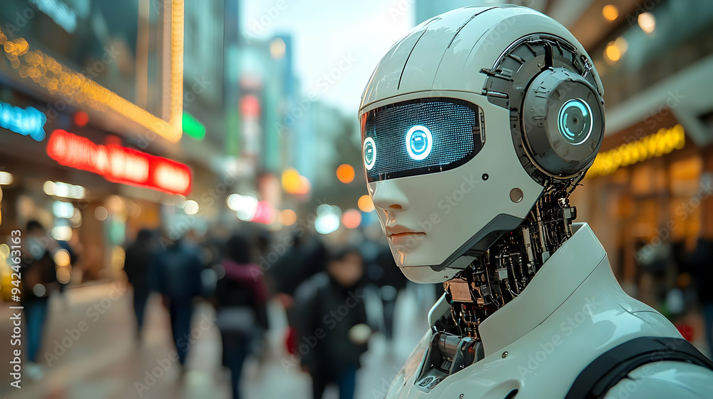 A white humanoid robot with blue eyes stands in a bustling city street, blurred background. A white humanoid robot with blue eyes stands in a bustling city street, blurred background.