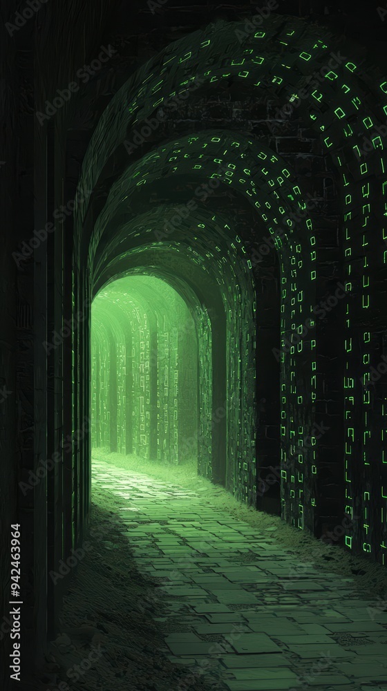Obraz premium Green Glowing Tunnel Illuminated with Mysterious Light in Dark Underground Passage