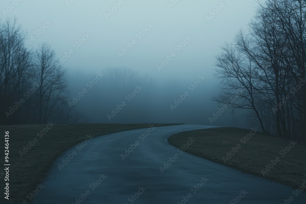 Fototapeta premium Mysterious curved road winding through foggy leafless winter forest