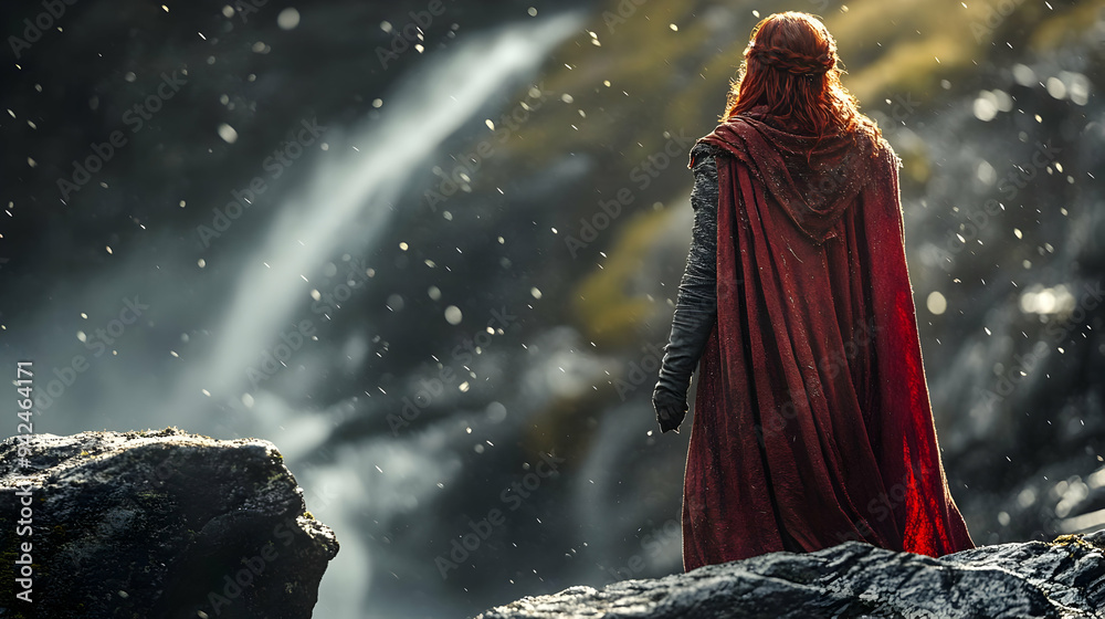 A woman in a red cloak stands on a cliff, gazing at a waterfall. A woman in a red cloak stands on a cliff, gazing at a waterfall.