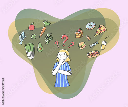 Woman making choice for her diet flat vector illustration. Female character thinking about healthy and unhealthy food. Good vs bad choice. Health, snack and junk food concept.