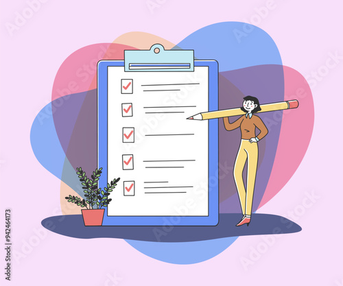 Woman ticking off tasks on checklist flat vector illustration. Businesswoman holding pencil and making notes and marks on paper document form in clipboard. Business, office and achievement concept