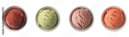 A selection of four colorful scoops of ice cream in bowls.