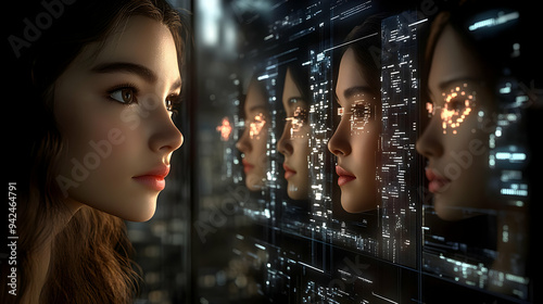 A woman looks at a screen w...