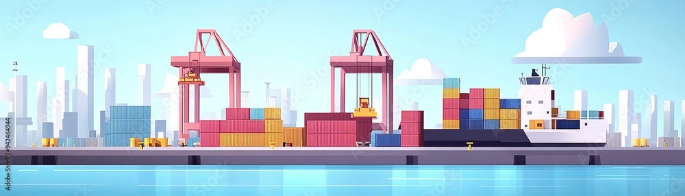 Fototapeta premium Cargo ship at the dock with cranes loading containers.