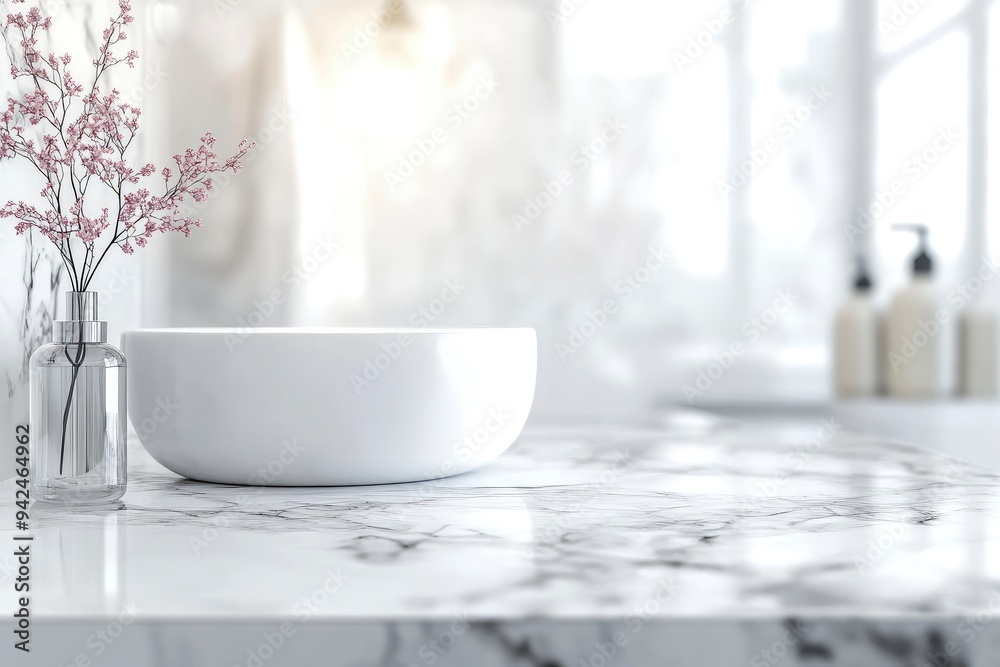 White luxury marble tabletop with copy space over blurred white elegance bathroom background with generative ai White luxury marble tabletop with copy space over blurred white elegance bathroom background with generative ai
