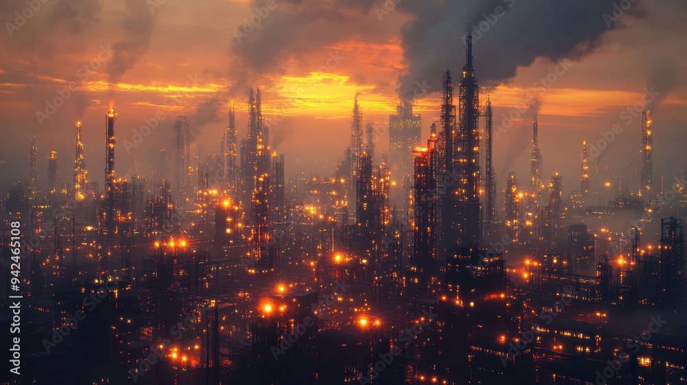 Industrial Cityscape at Sunset with Smoke and Lights Industrial Cityscape at Sunset with Smoke and Lights