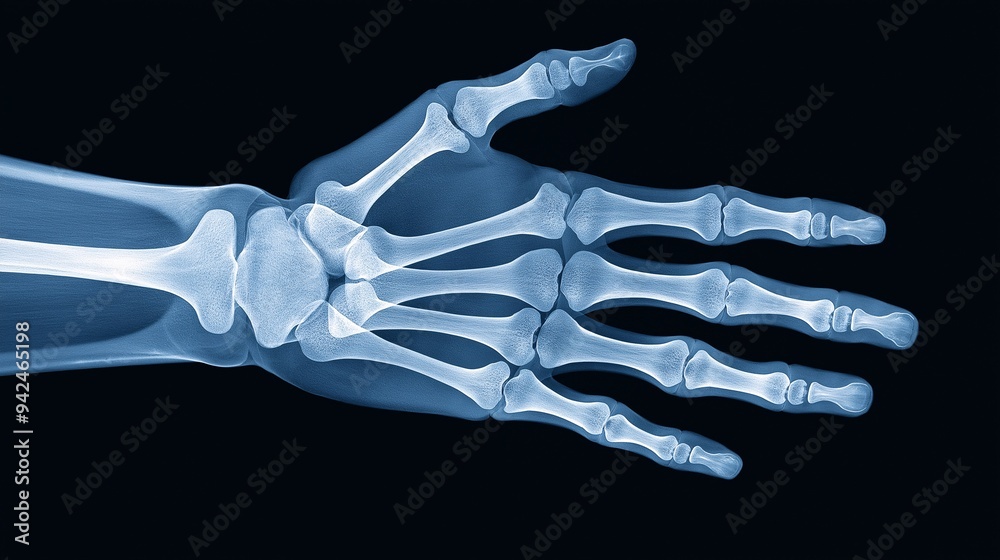Fototapeta premium X-Ray Hand: A striking medical image of a human hand in an X-ray, revealing the intricate network of bones and joints. A compelling visual for healthcare, anatomy, and medical research. 