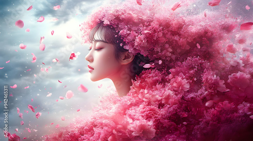 A woman surrounded by pink flowers with petals falling in the air.