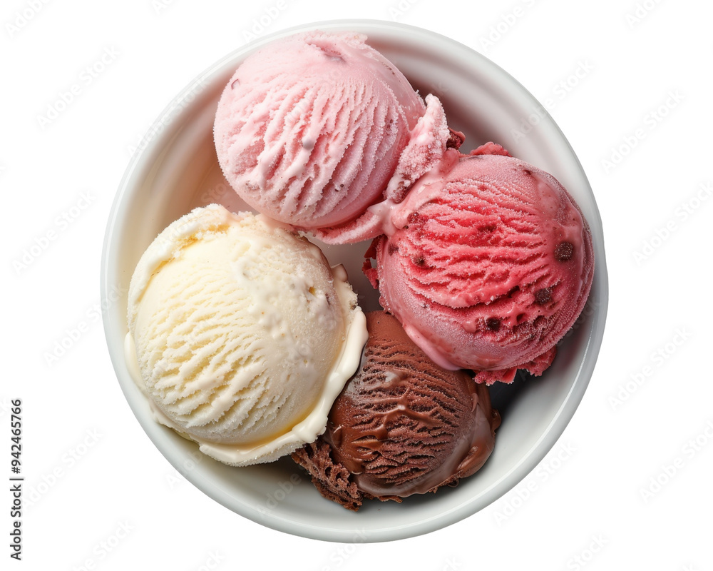 A bowl containing four scoops of colorful ice cream. A bowl containing four scoops of colorful ice cream.