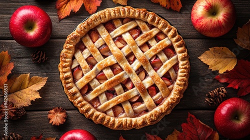 Apple pie decorated with lattice overhead shot, fall baking concept