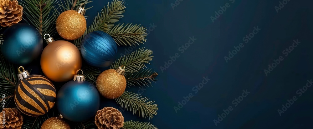 Blue and Gold Christmas Ornaments with Pine Branches on a Navy Blue Background Blue and Gold Christmas Ornaments with Pine Branches on a Navy Blue Background