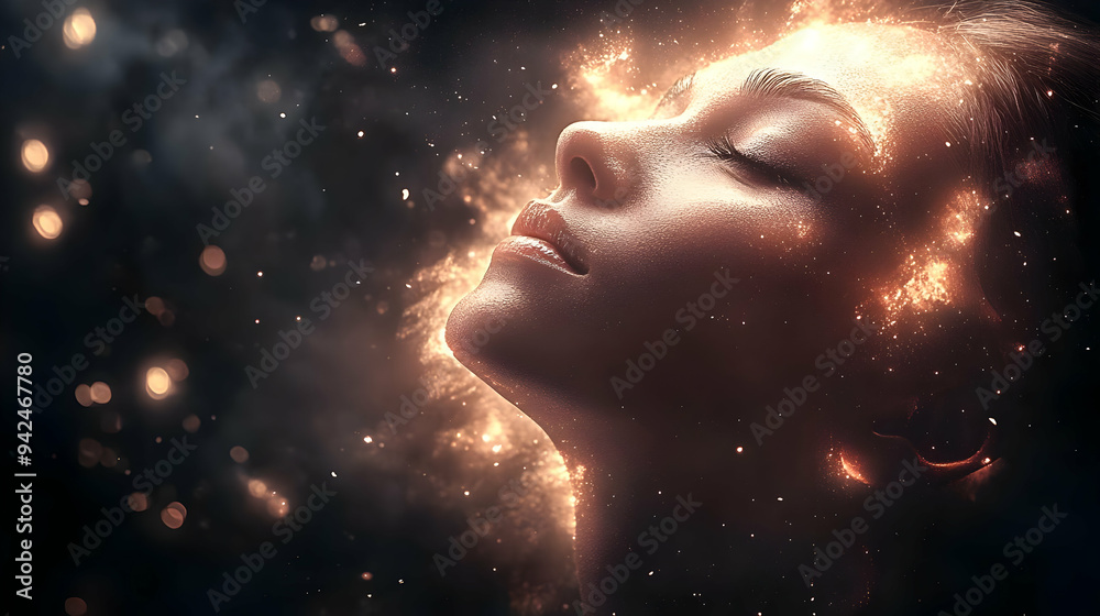 A woman's face illuminated by a soft, glowing light, with a dreamy and ethereal atmosphere. A woman's face illuminated by a soft, glowing light, with a dreamy and ethereal atmosphere.