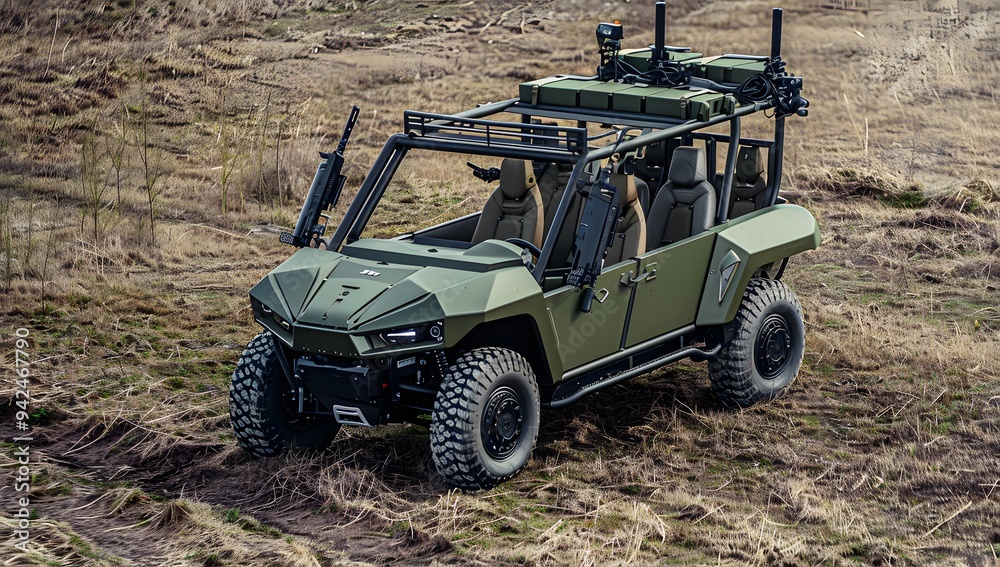 Fototapeta premium A military electric vehicle with four seats and two gun turrets on the roof, parked in an open field for shooting practice. The machine has olive green bodywork and is equipped with weapons including 