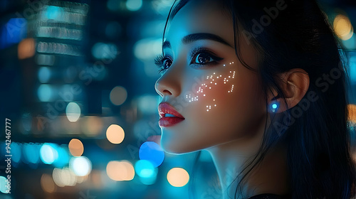 A woman's face illuminated ...