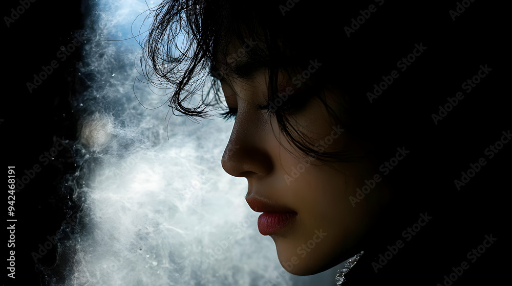 A woman's face partially obscured by shadow and smoke, with a soft and contemplative expression. A woman's face partially obscured by shadow and smoke, with a soft and contemplative expression.