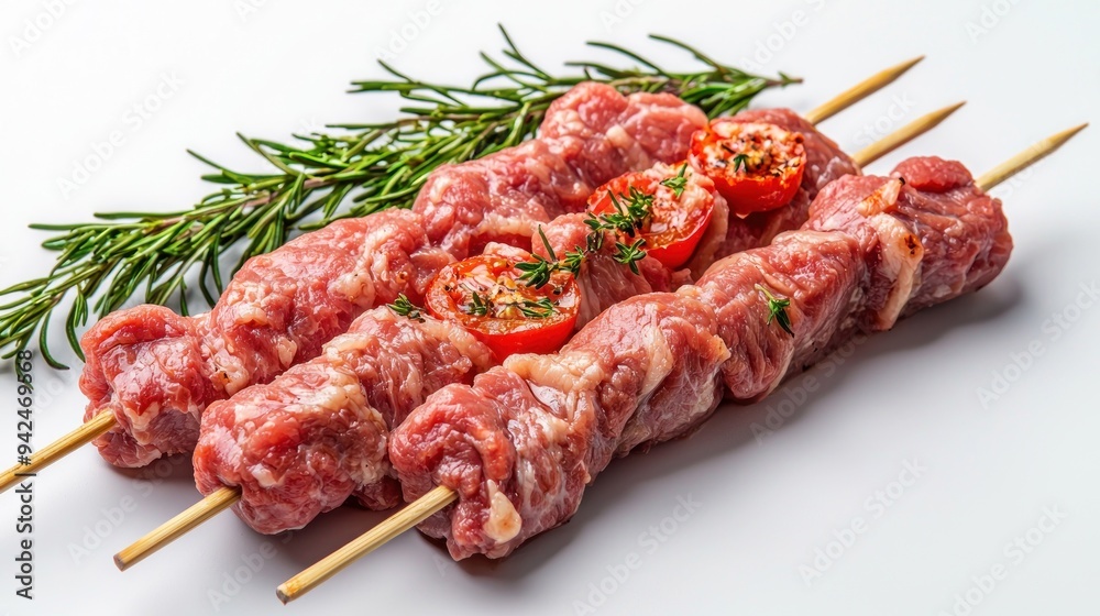 Raw pork skewers, ready to cook, kebab BBQ, isolated on white background