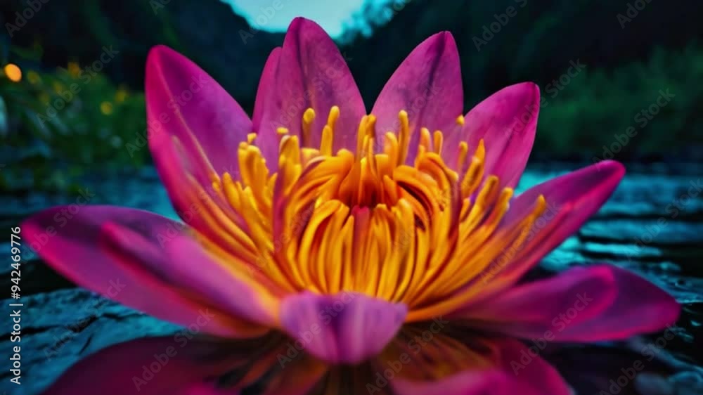 Pinkish purple flower in the lake between jungle mountains water lily in the evening Generative AI Pinkish purple flower in the lake between jungle mountains water lily in the evening Generative AI