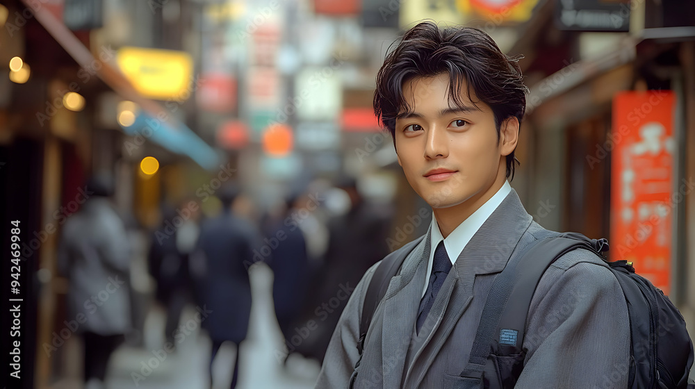 A young man in a suit and tie looks thoughtfully into the camera as he walks through a busy city street. A young man in a suit and tie looks thoughtfully into the camera as he walks through a busy city street.