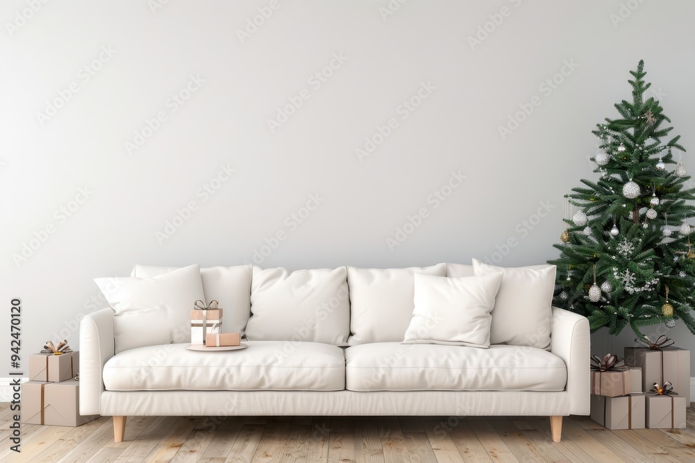 Scandinavian Christmas Living Room, a cozy space featuring a beautifully decorated Christmas tree, neatly wrapped gift boxes, and a stylish white sofa against a warm wall. Scandinavian Christmas Living Room, a cozy space featuring a beautifully decorated Christmas tree, neatly wrapped gift boxes, and a stylish white sofa against a warm wall.