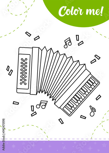 Coloring page for kids with cartoon accordion, confetti and musical notes around. A printable worksheet, vector illustration.
