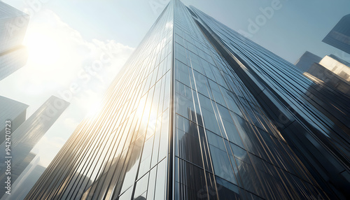 A modern skyscraper with glass windows and a blue sky in the background.