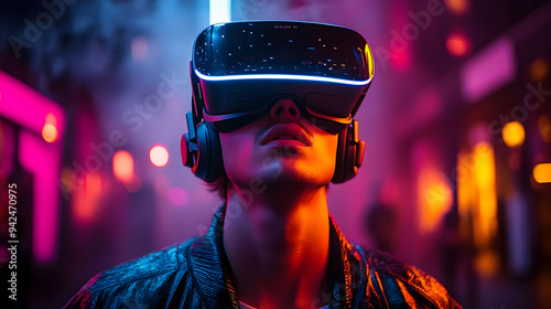 A young man wearing VR head...