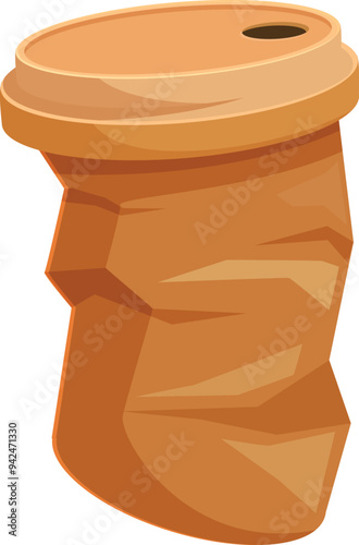 Crumpled orange disposable paper cup with plastic lid representing pollution