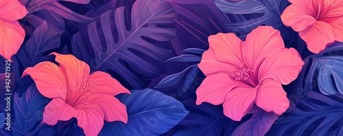 Vibrant pink hibiscus flowers amidst lush tropical leaves.